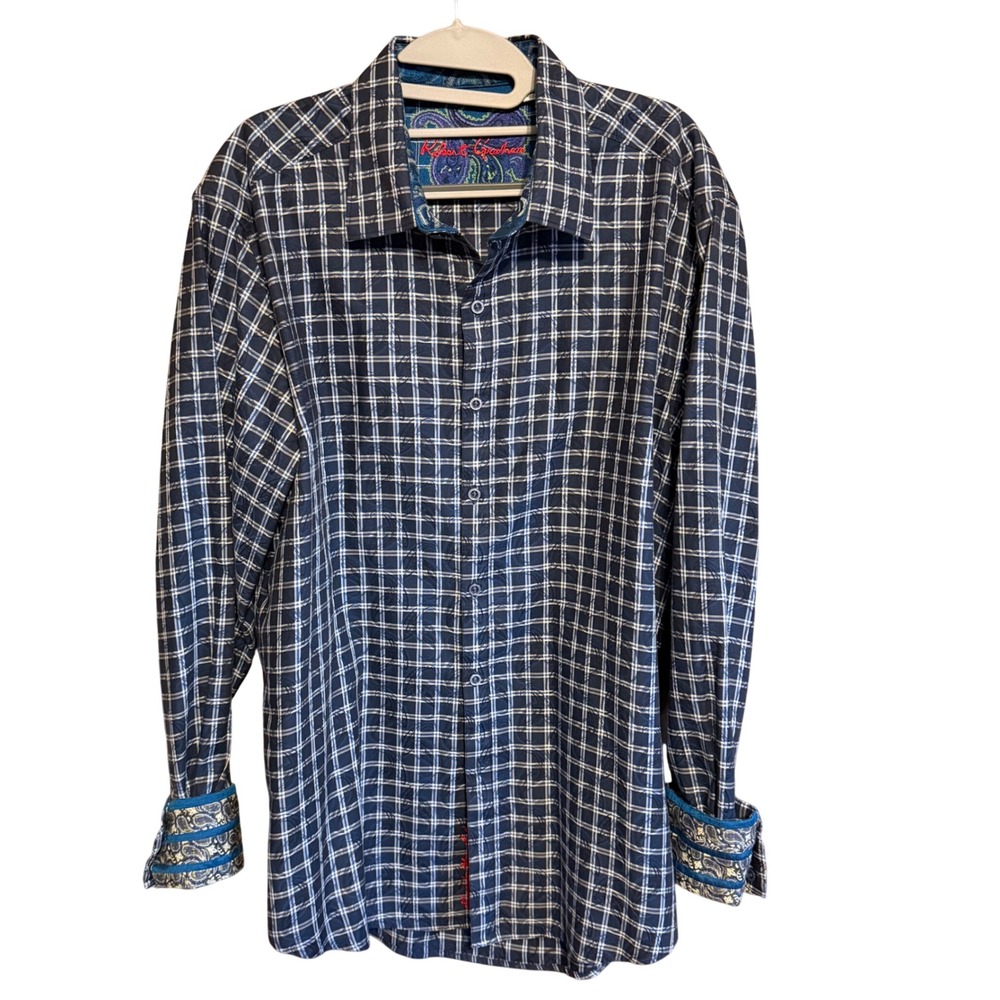Robert Graham Mens Navy Blue Plaid Paisley Trim Long Sleeve Button Down Shirt XL